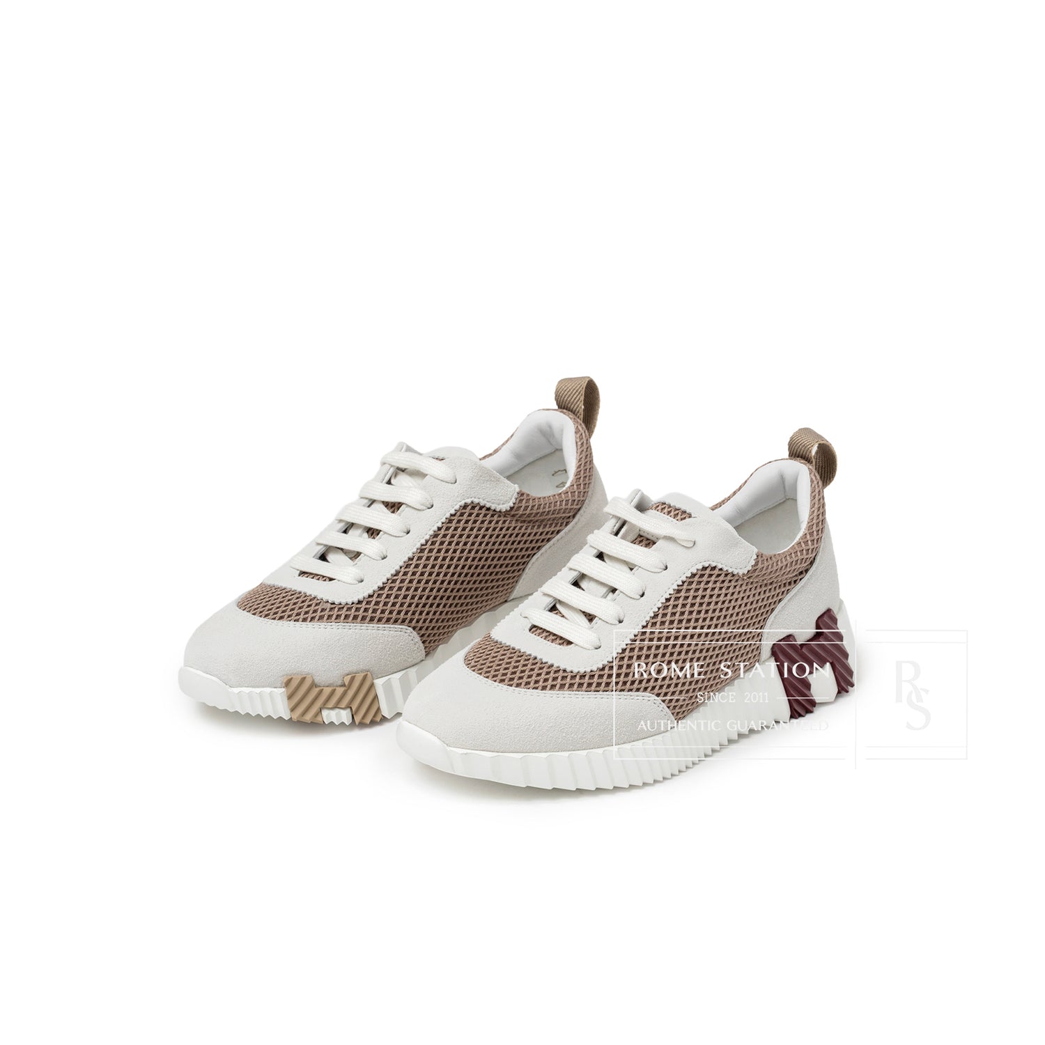 Hermès Women's Bouncing Sneaker Beige Argile with mesh panels and rubber sole details