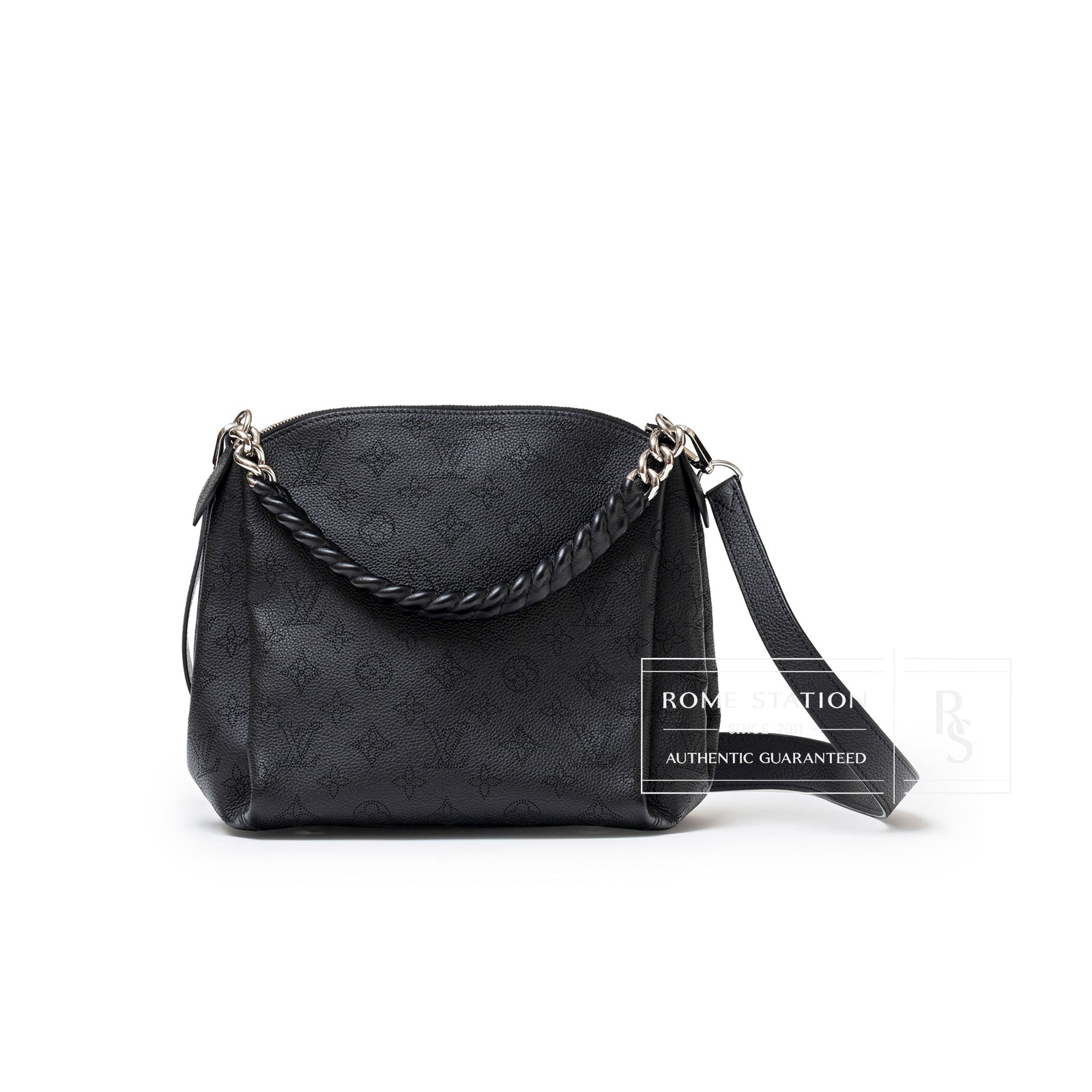 Front view of Louis Vuitton Babylon Chain BB Shoulder Bag Mahina Noir in black leather with chain strap detail