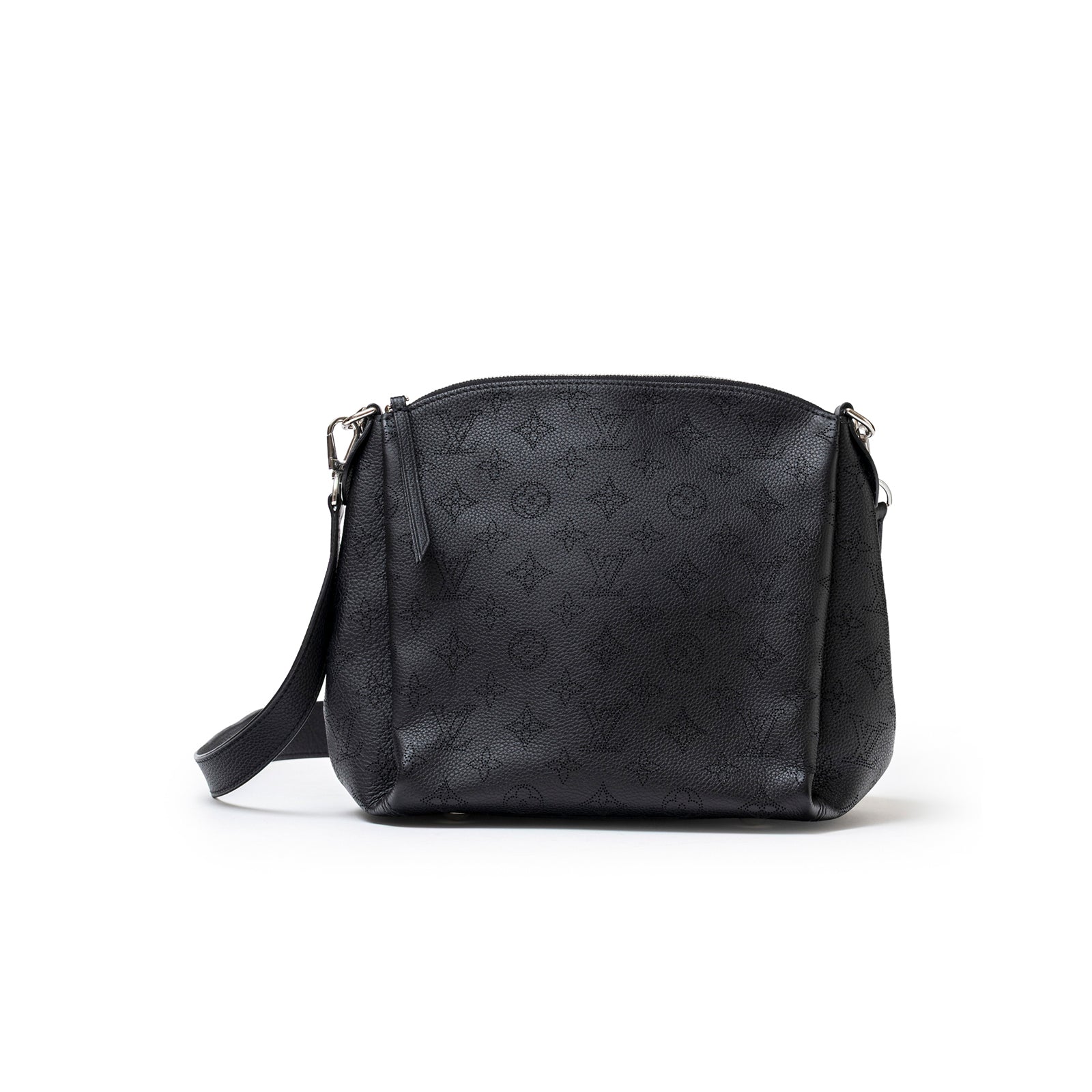 Front view of Louis Vuitton Babylon Chain BB Shoulder Bag Mahina Noir in black leather with embossed monogram pattern