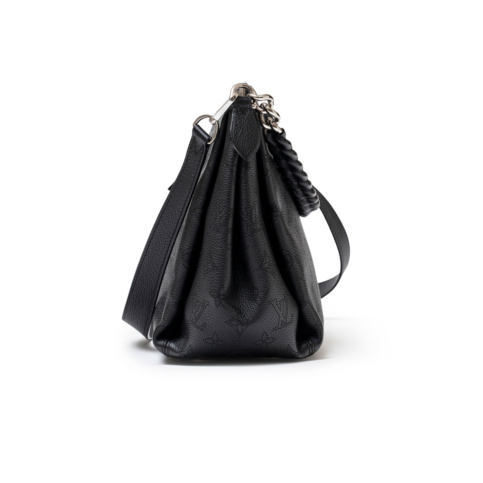 Side profile of Louis Vuitton Babylon Chain BB Shoulder Bag Mahina Noir showing leather texture and chain detail