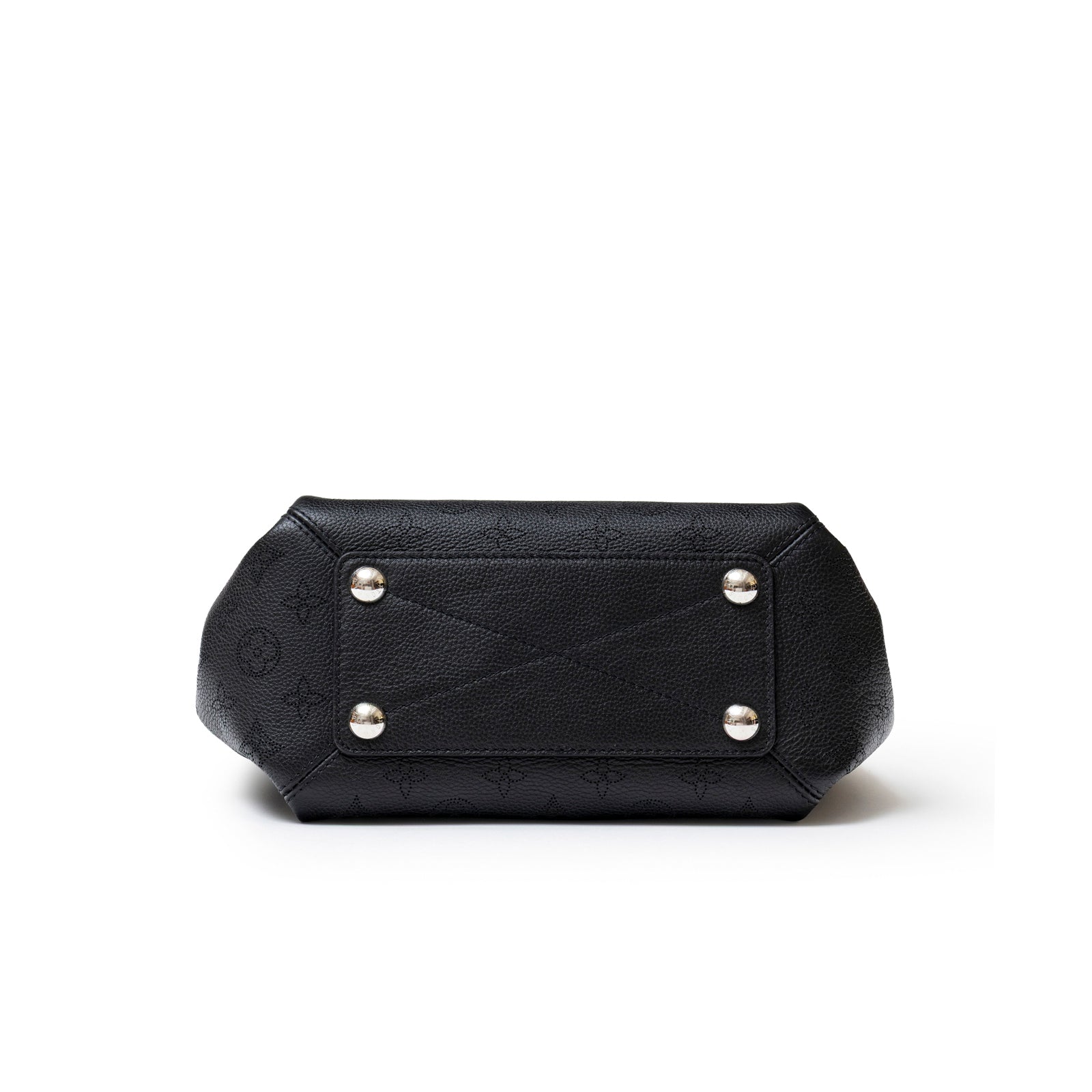 Bottom view of Louis Vuitton Babylon Chain BB Shoulder Bag Mahina Noir showing base studs and monogram pattern