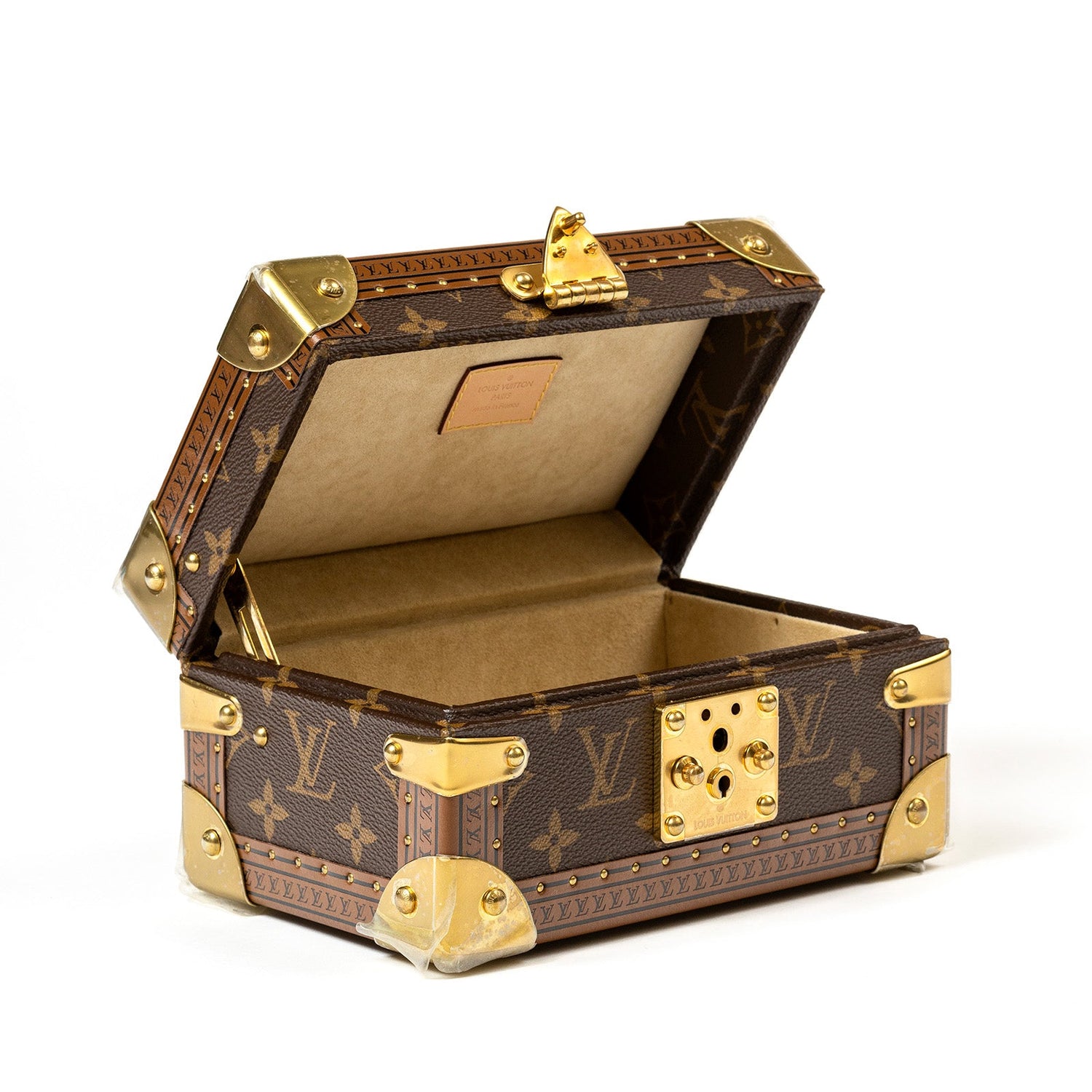 Angled open view of Louis Vuitton Coffret Tresor 20 Case Monogram Canvas with gold hardware and beige interior lining