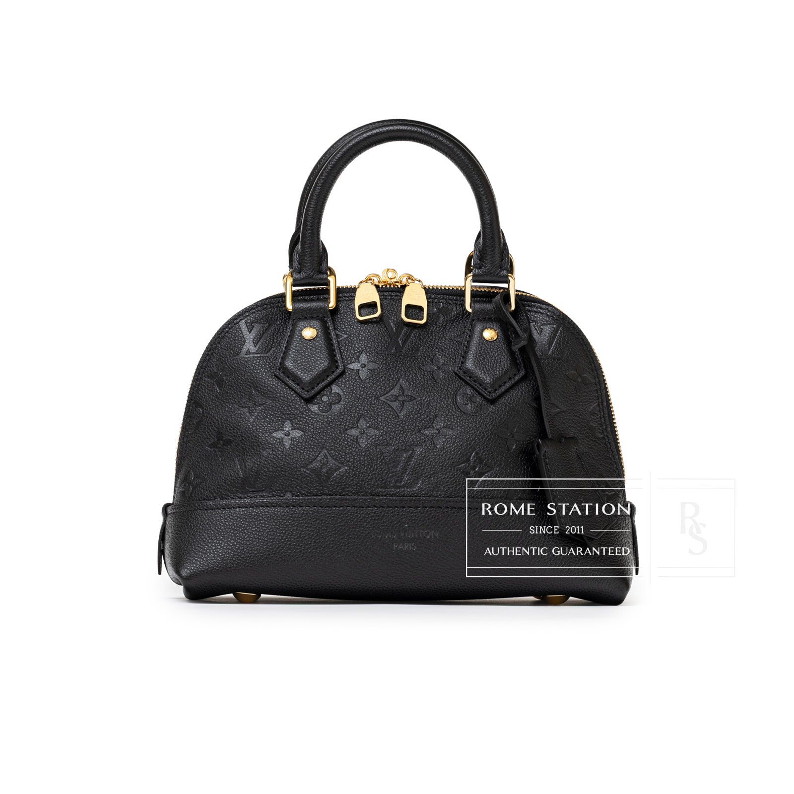 Front view of Louis Vuitton Neo Alma BB Monogram Empreinte Black Gold hardware leather handbag