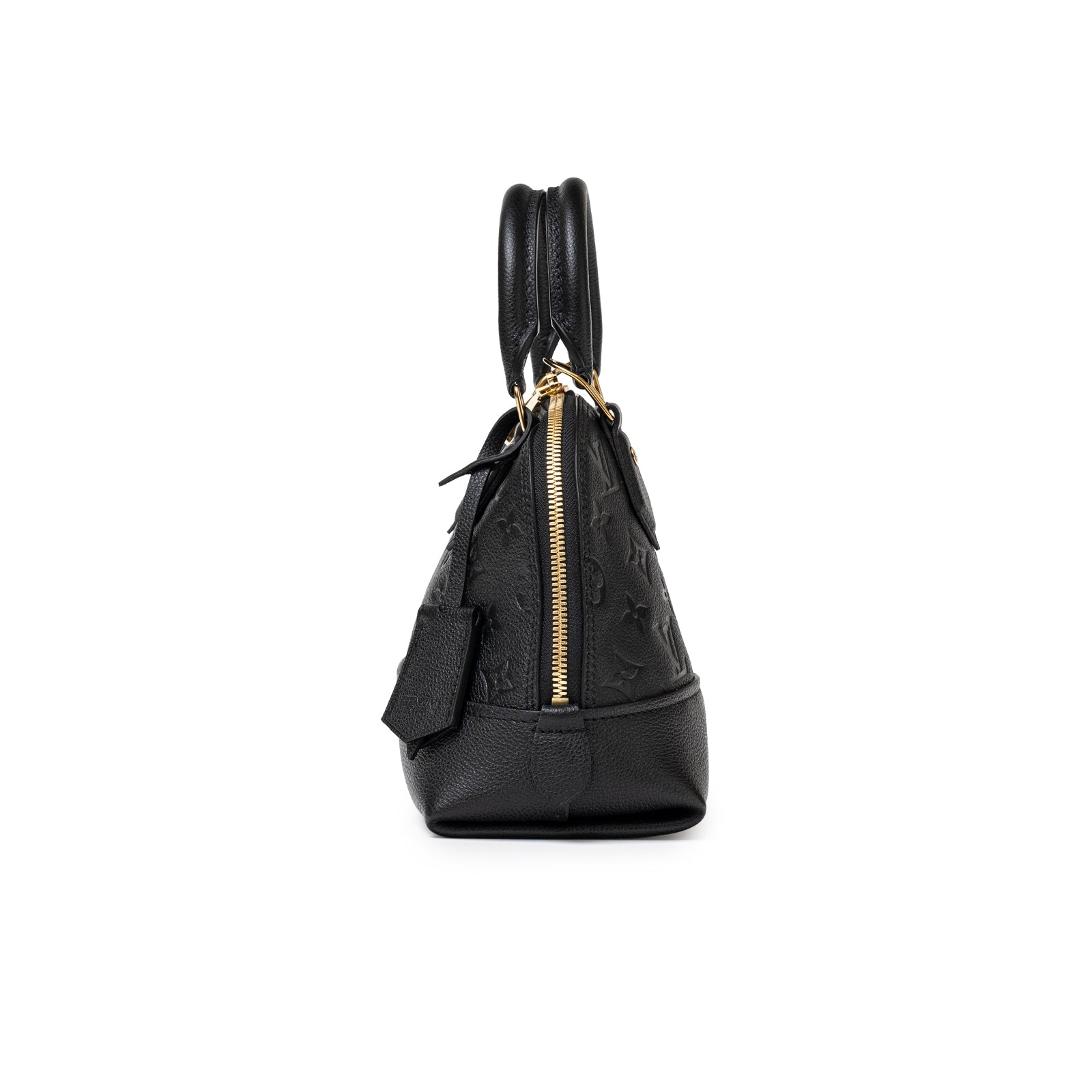 Side view of Louis Vuitton Neo Alma BB Monogram Empreinte Black Gold hardware showing zipper and handles detail