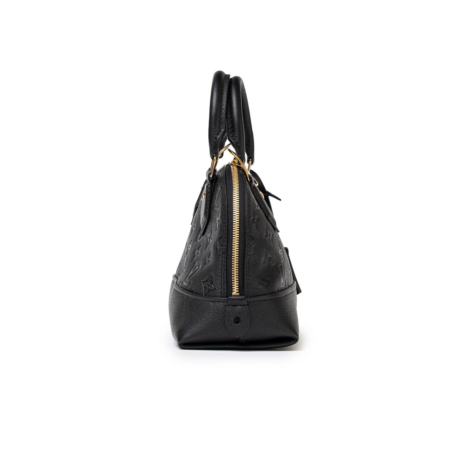 Side view of Louis Vuitton Neo Alma BB Monogram Empreinte Black Gold hardware with visible zipper and handles detail