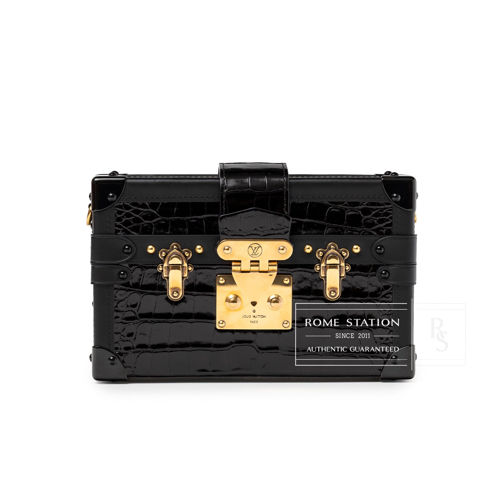 Front view of Louis Vuitton Petite Malle Black Shiny Niloticus Gold Hardware featuring textured croc leather and gold clasp detail