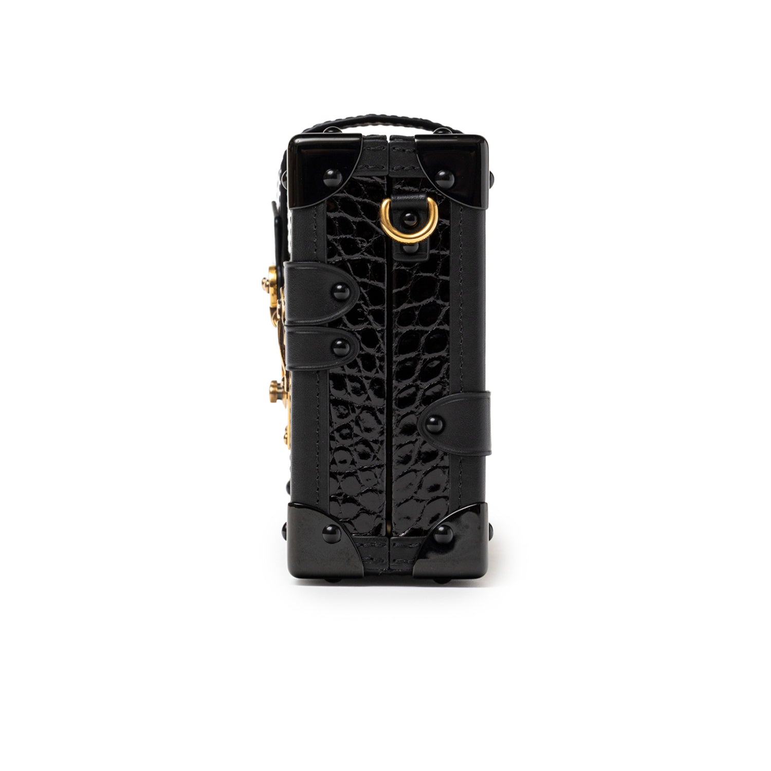Side profile of Louis Vuitton Petite Malle Black Shiny Niloticus Gold Hardware showing textured croc leather and gold ring detail