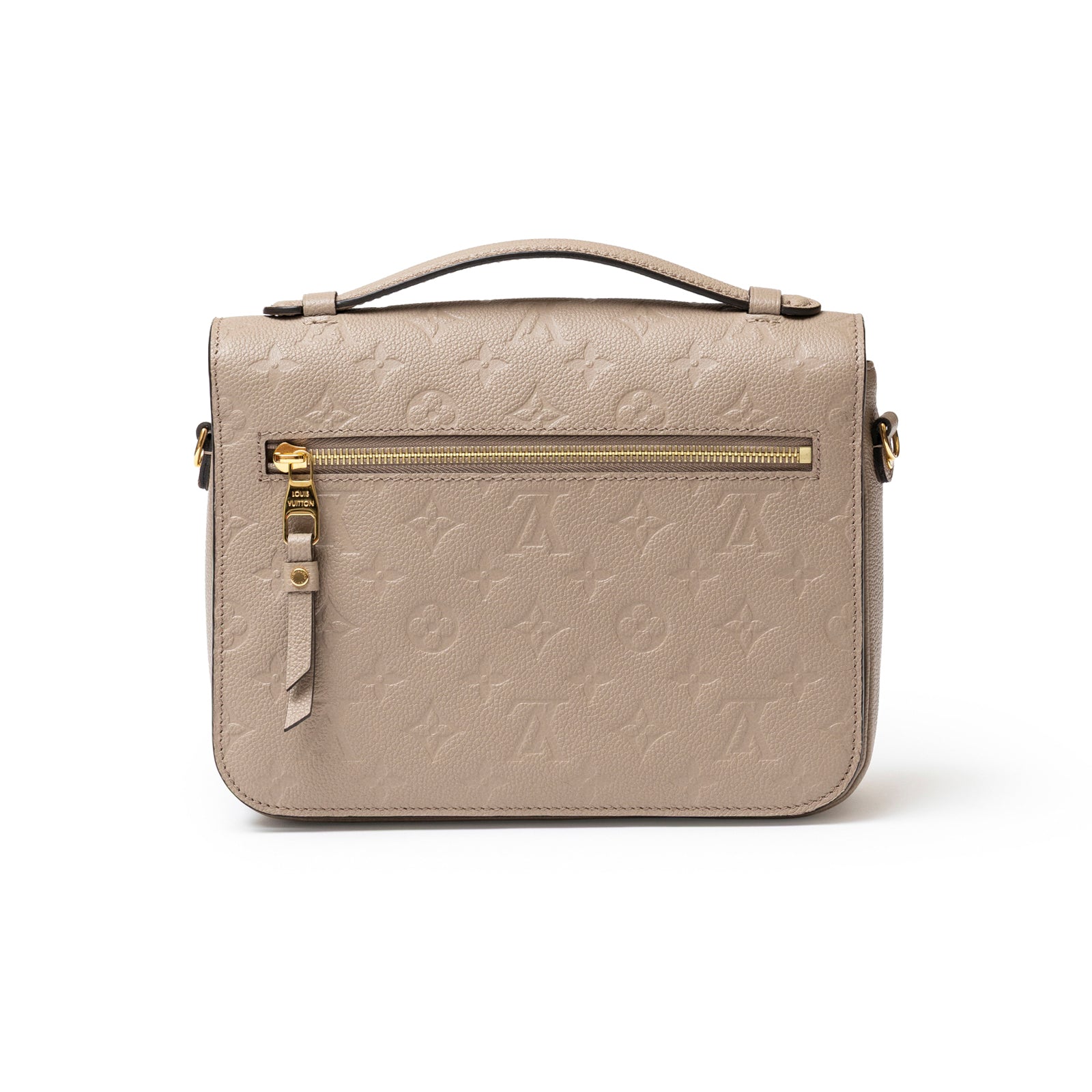Back view of Louis Vuitton Pochette Métis Monogram Empreinte Turtledove Gold Hardware with zippered pocket and top handle