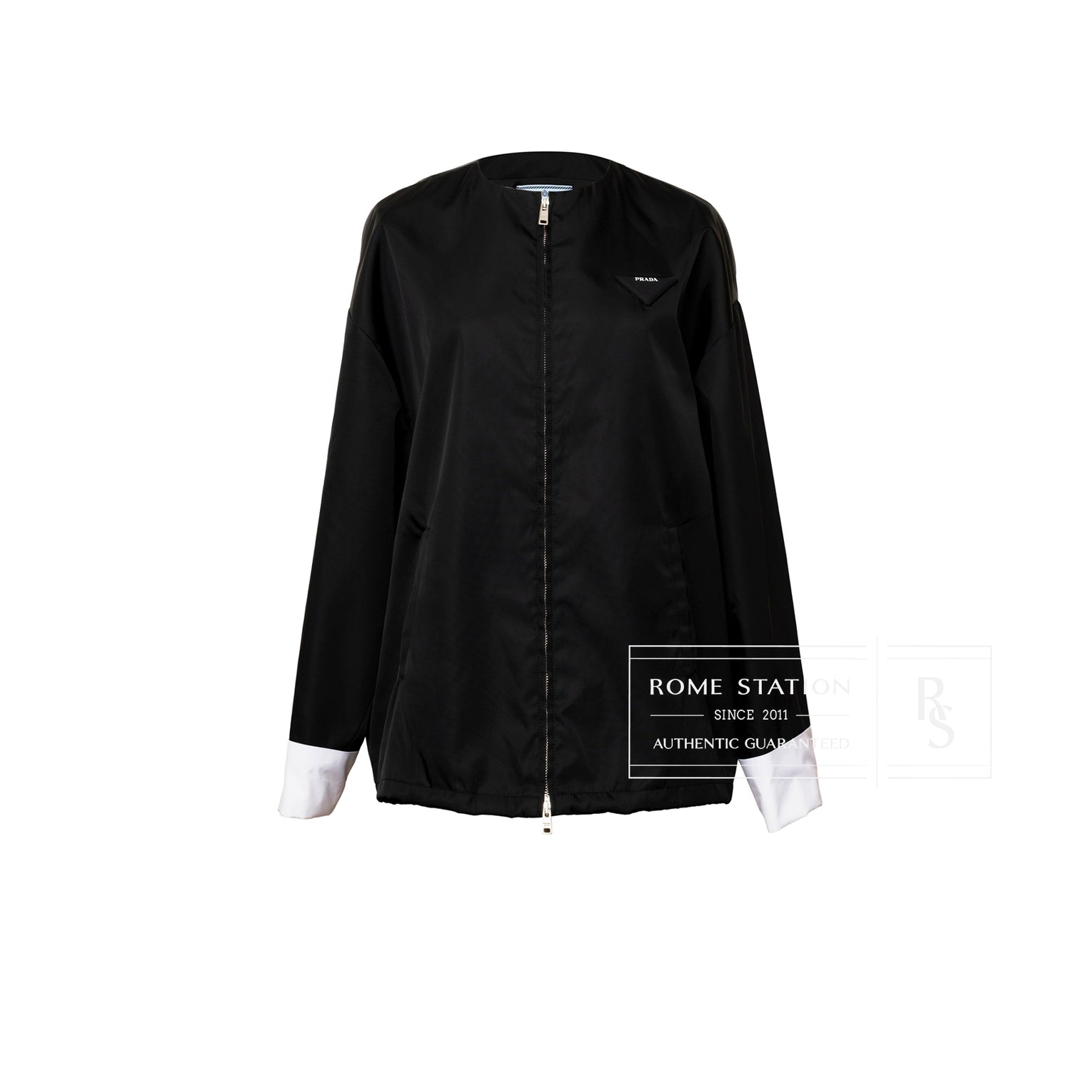 Front view of Prada Re-Nylon Jacket Crystal Buttoned Black/White with white cuffs and subtle logo patch on chest