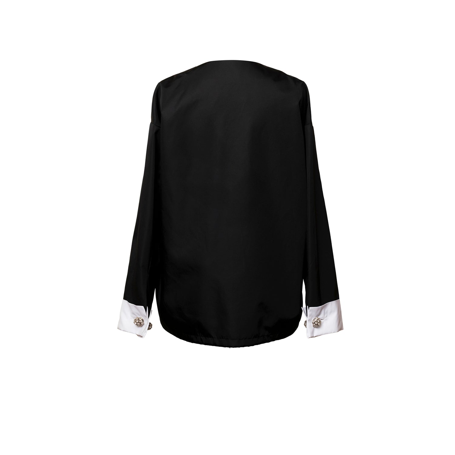 Back view of Prada Re-Nylon Jacket Crystal Buttoned Black/White showing contrast cuffs and smooth fabric finish