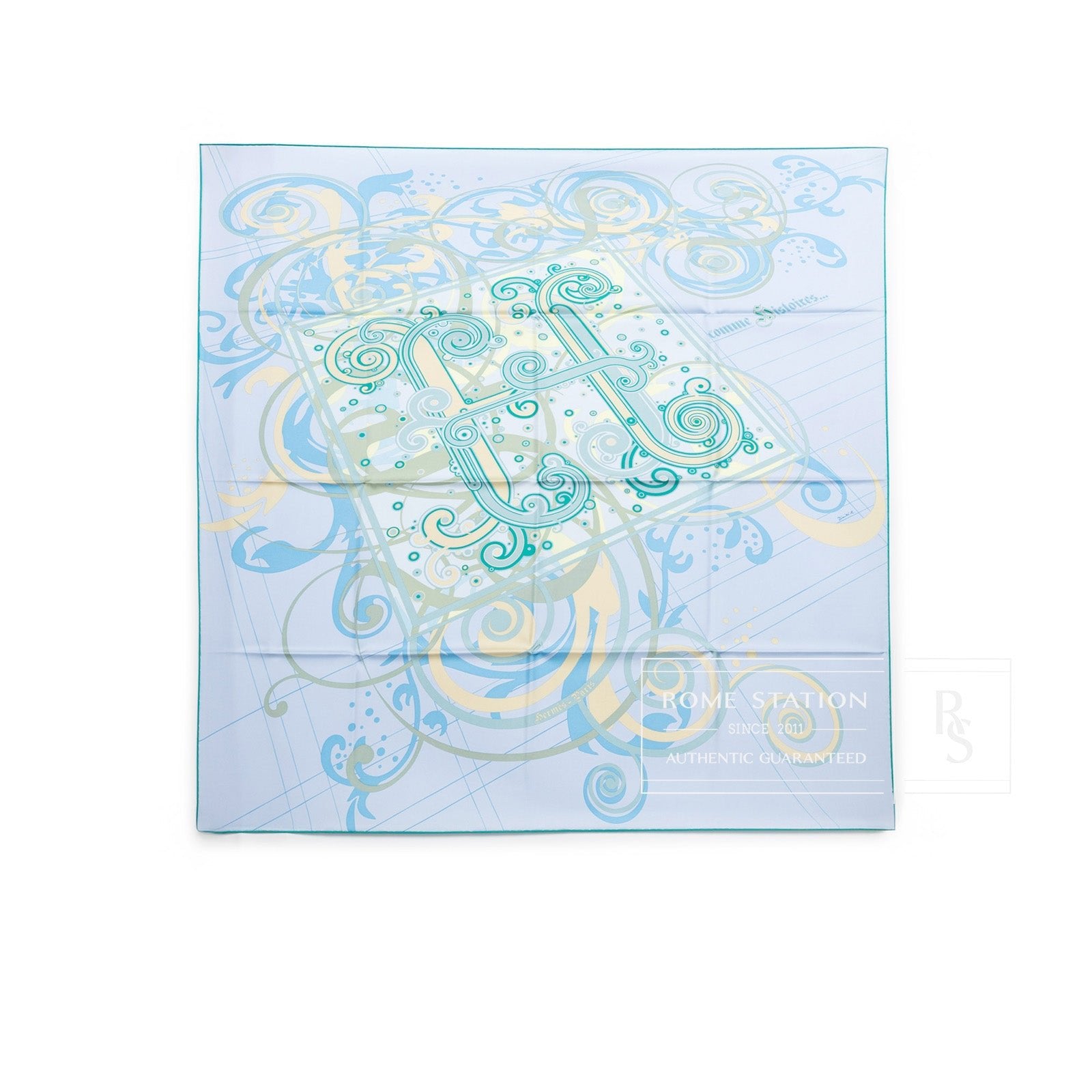 Hermès Carre Scarf 90 H Comme Histoires Ciel/Canard/Vanille - Front