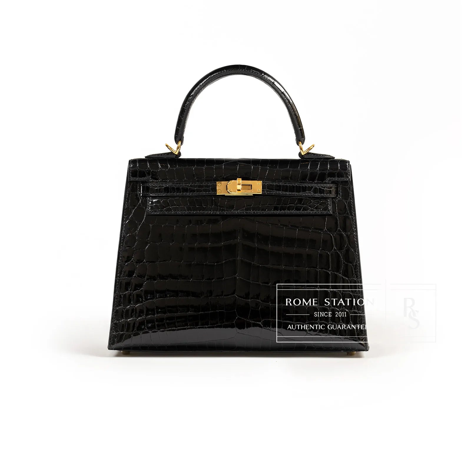 Hermès Kelly Sellier 25 Black Shiny Niloticus Crocodile Gold Hardware