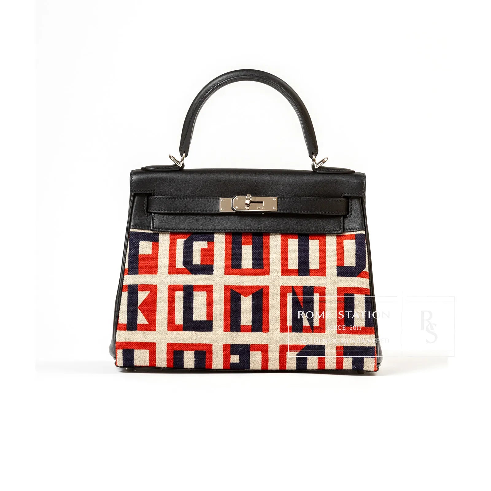 Hermès Kelly Retourne 28 Letter Au Carre Black Toile/Swift Palladium Hardware