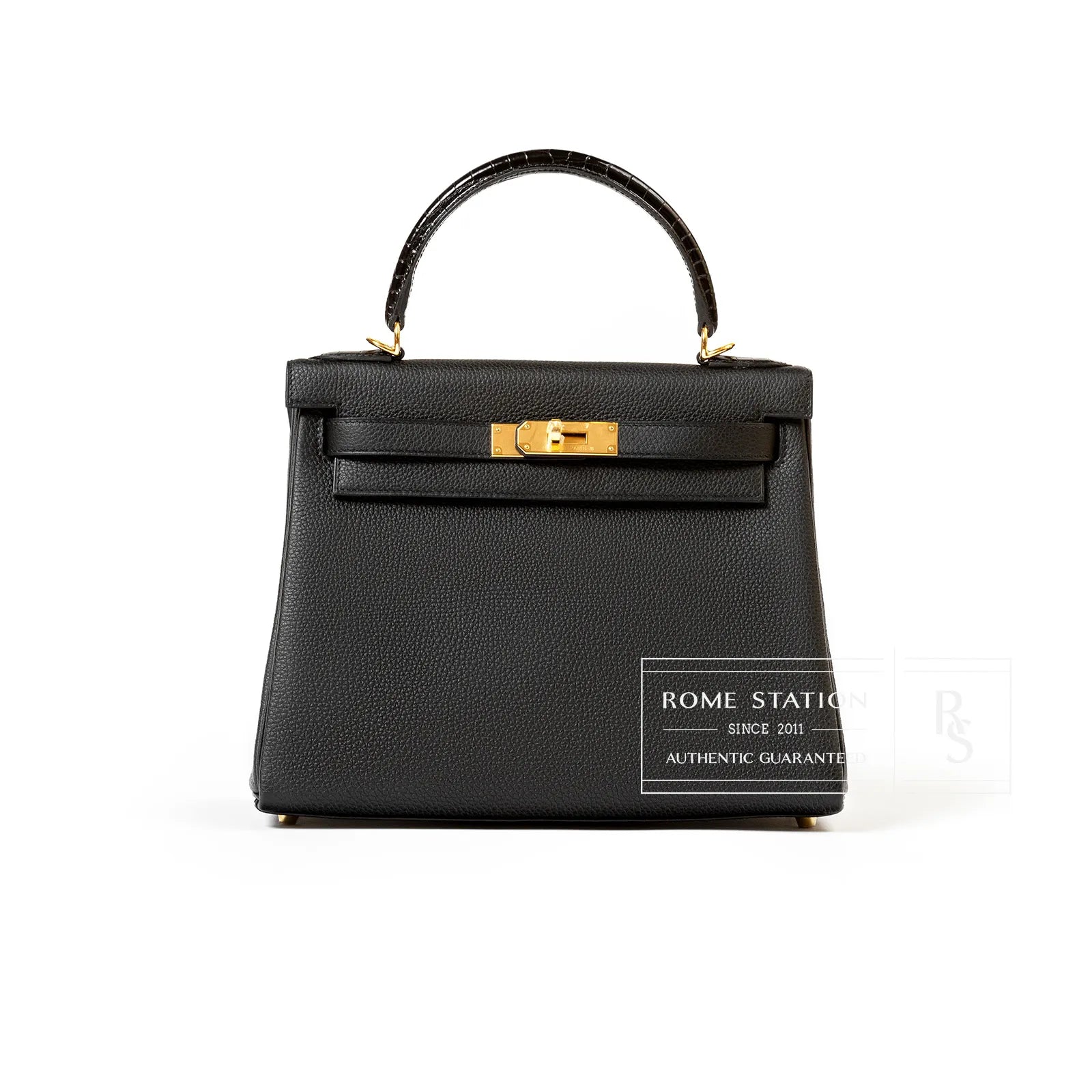 Hermès Kelly Retourne 28 Black Togo and Matte Porosus Crocodile Touch Gold Hardware