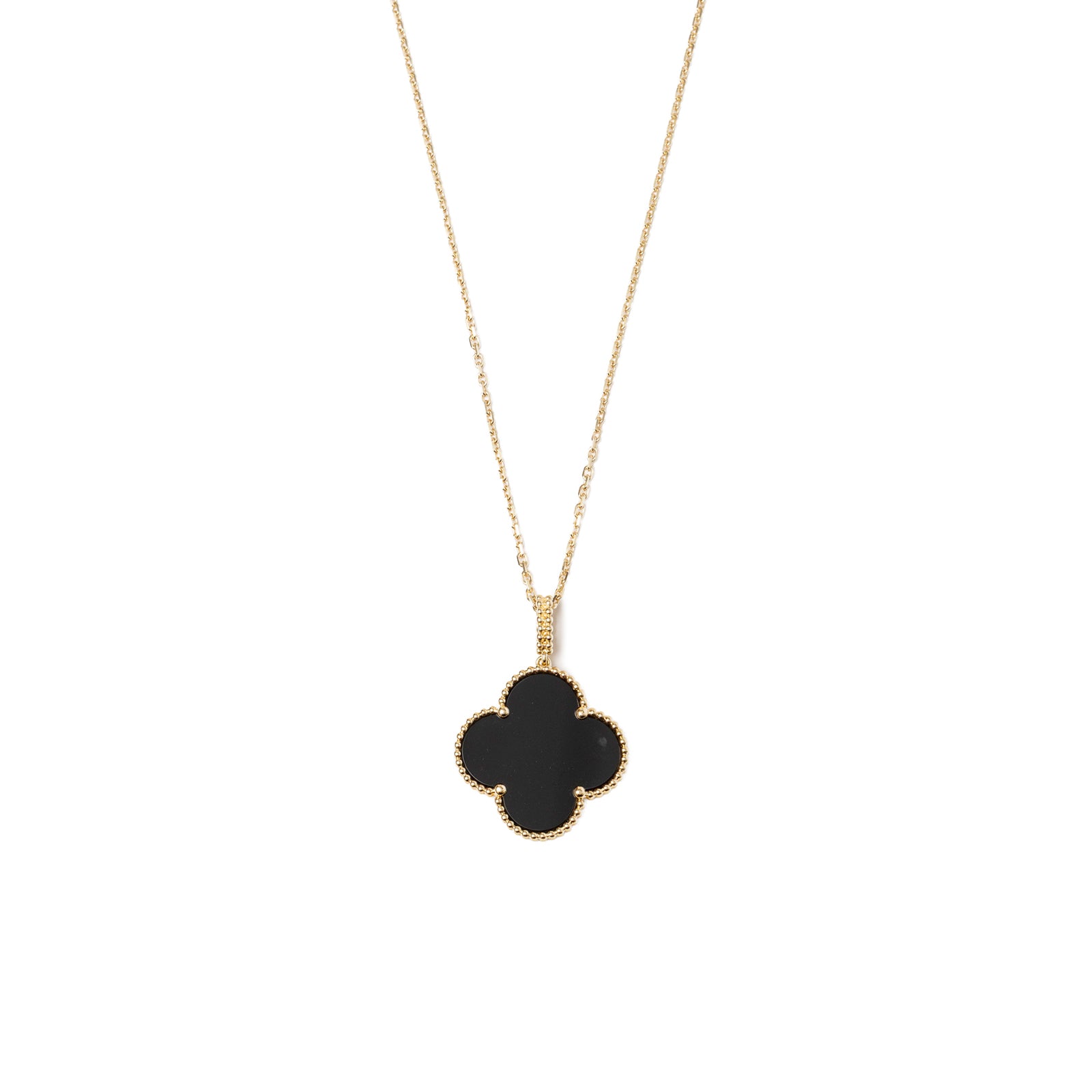 Back view of Van Cleef & Arpels Magic Alhambra 1 Motif Long Necklace Onyx 18K Yellow Gold pendant and chain