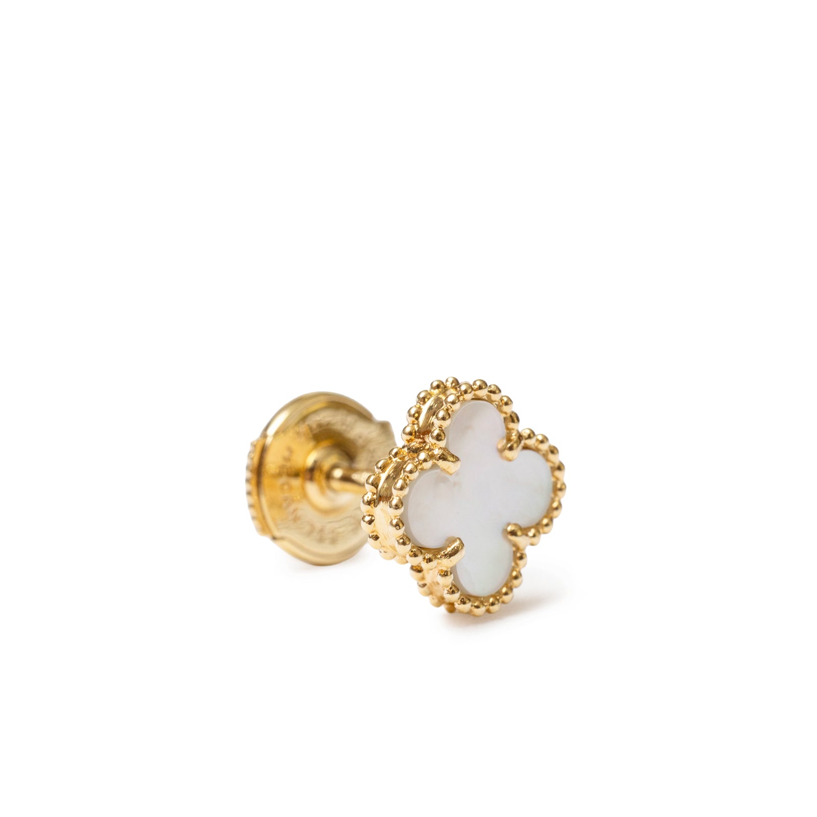 Close-up angled view of Van Cleef & Arpels Sweet Alhambra Earstuds 18K Yellow Gold Mother-of-pearl showing detailed gold beading