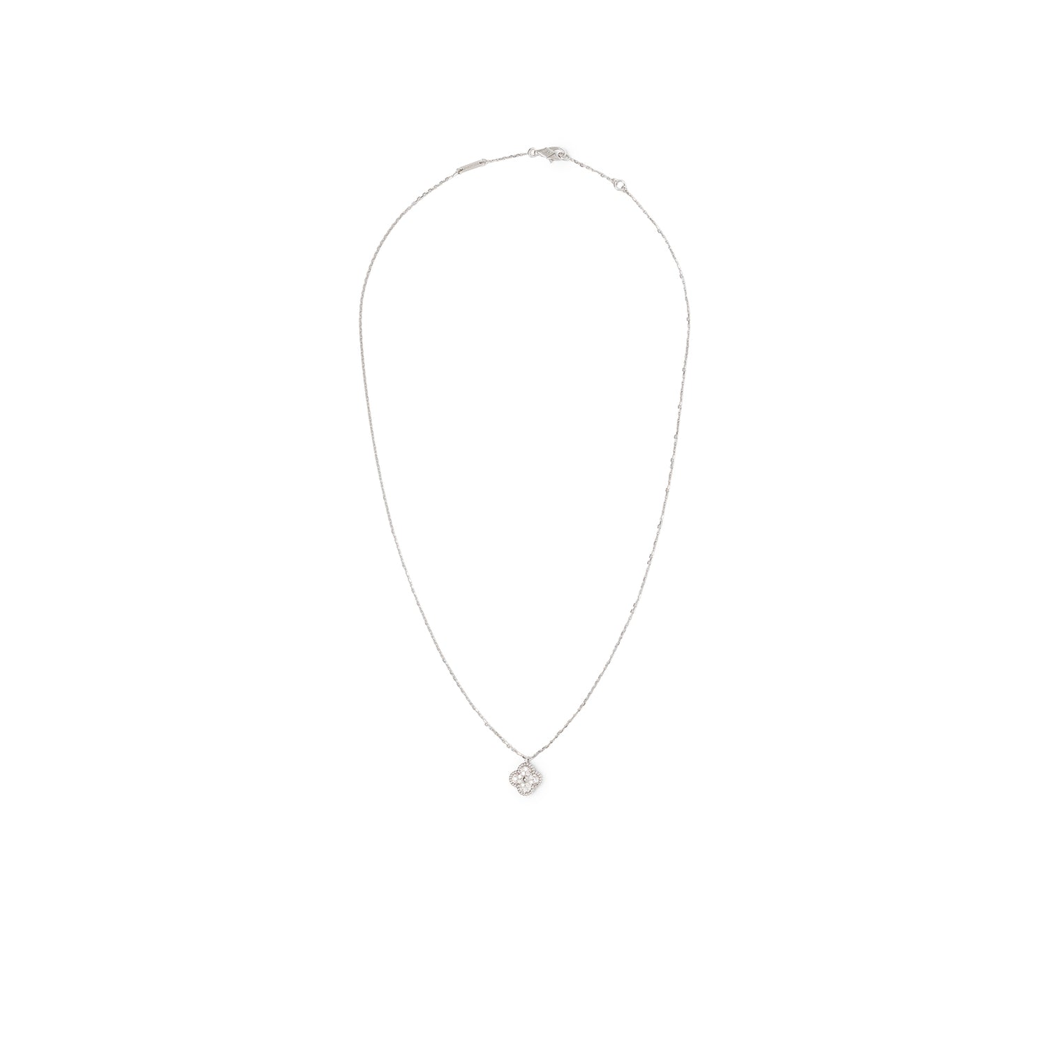 Front view of Van Cleef & Arpels Sweet Alhambra Pendant Diamond 18K White Gold necklace with delicate chain and clover charm