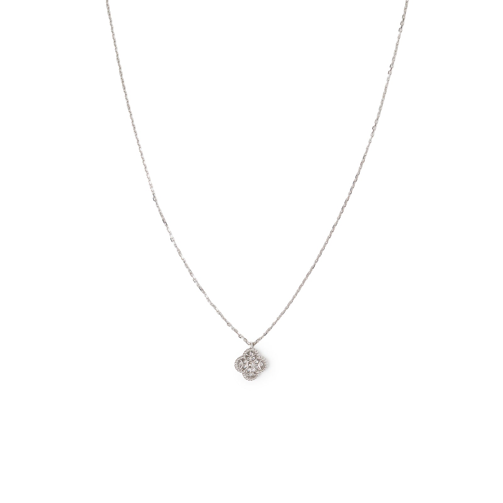 Delicate front view of Van Cleef & Arpels Sweet Alhambra Pendant Diamond 18K White Gold on fine chain