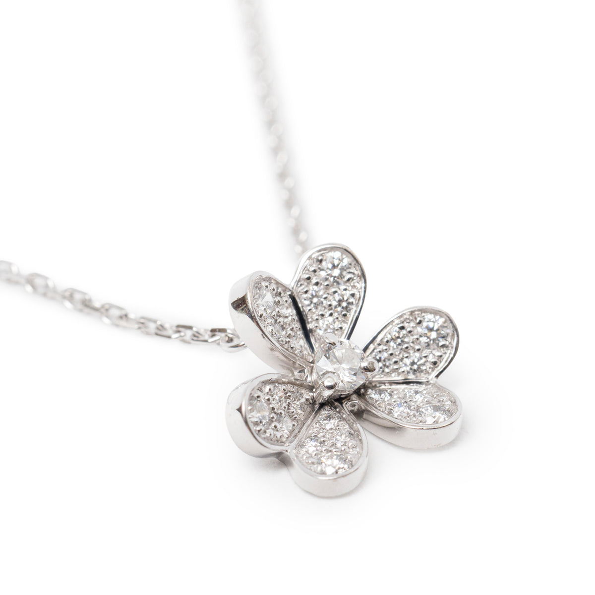 Close-up of Van Cleef & Arpels Sweet Frivole Pendant Mini Model Diamond 18K White Gold flower charm