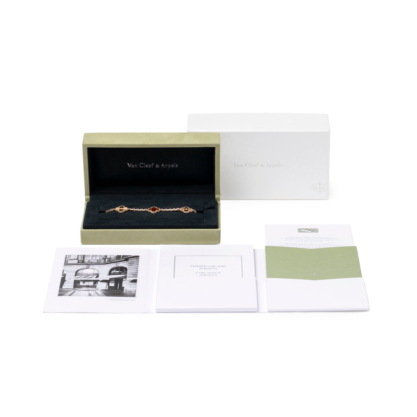 Van Cleef & Arpels Vintage Alhambra 5 Motifs Bracelet 18K Rose Gold Carnelian/Guilloche with box and documents front view