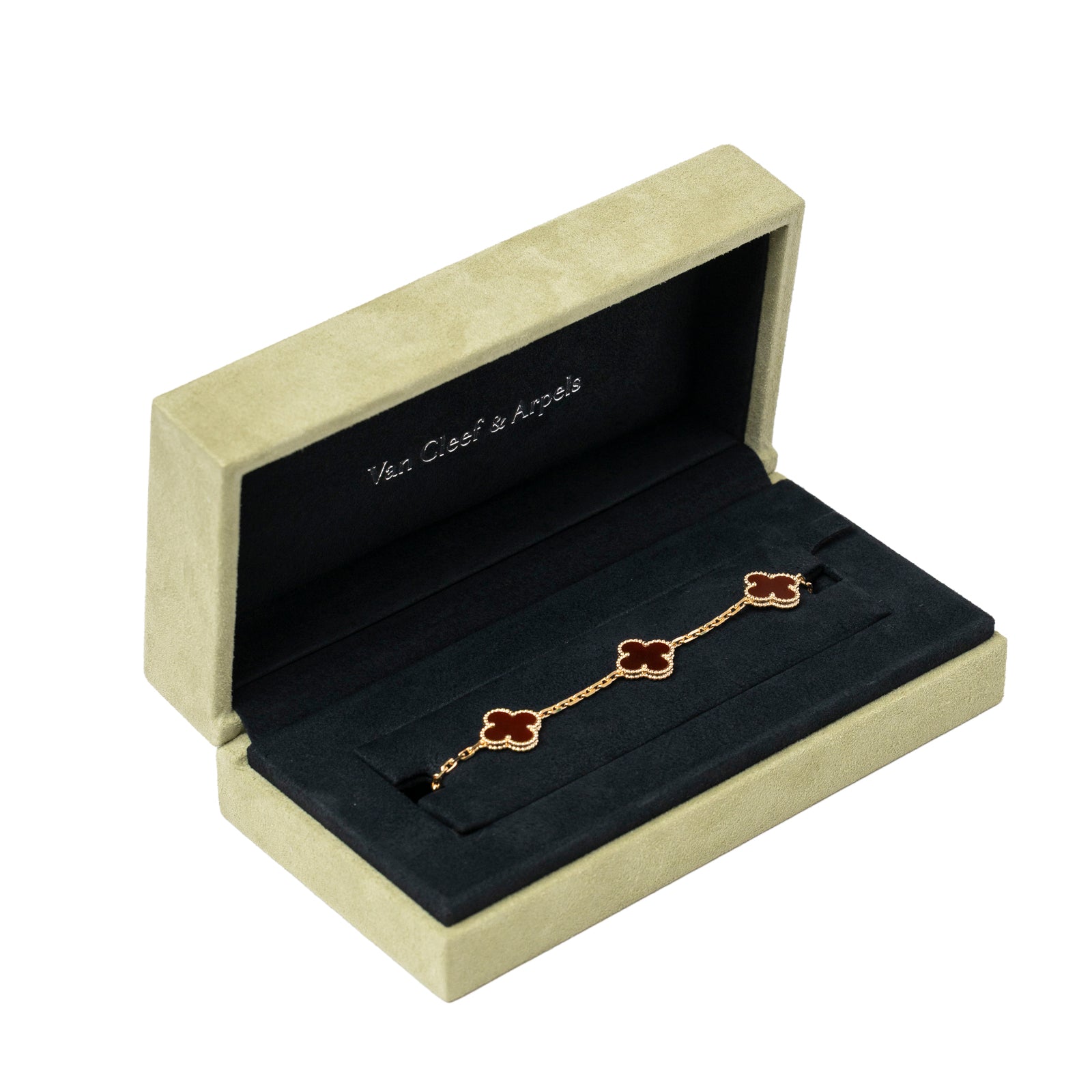Van Cleef & Arpels Vintage Alhambra 5 motifs Bracelet 18K Yellow Gold Carnelian in open case angled view