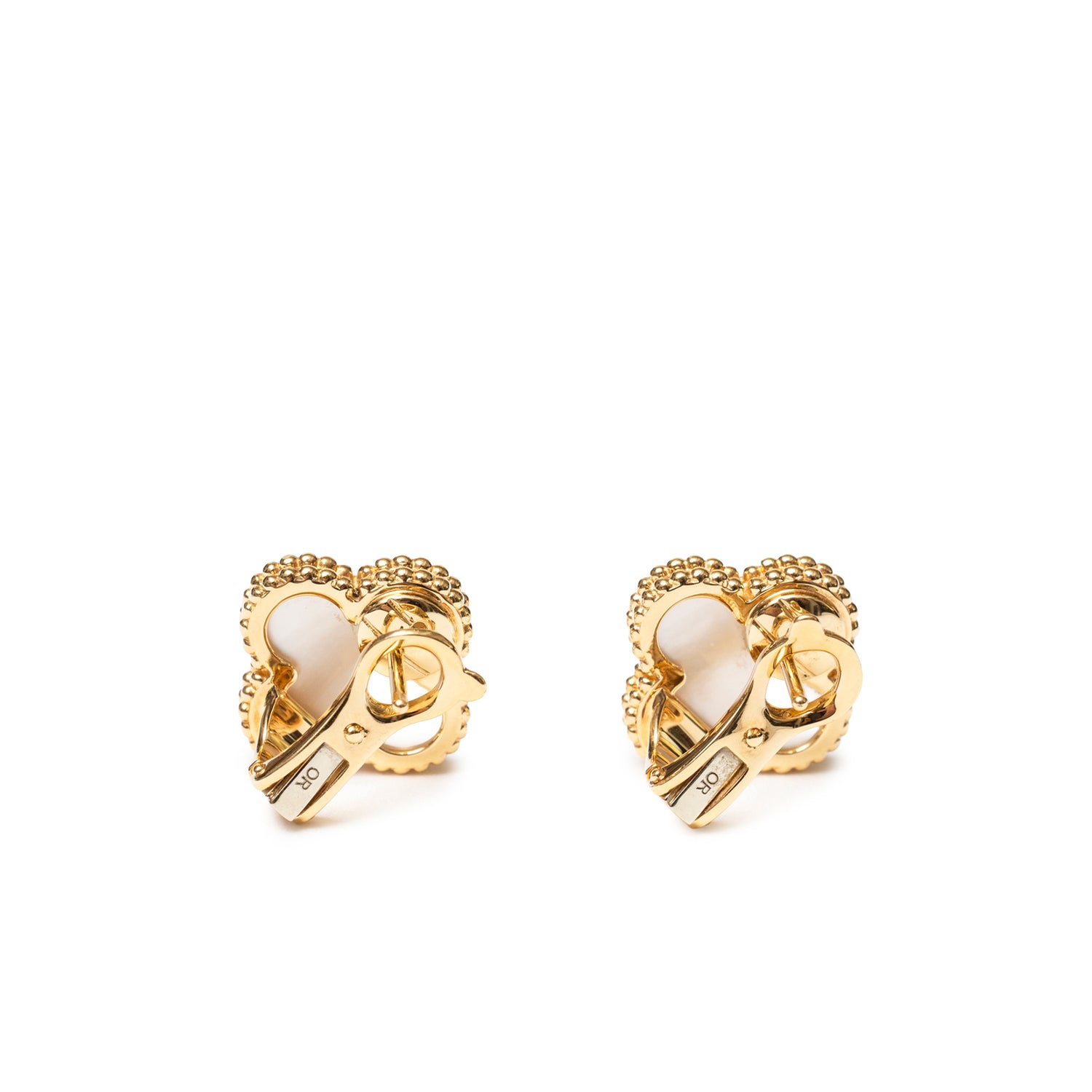 Back view of Van Cleef & Arpels Vintage Alhambra Earrings 18K Yellow Gold with white mother-of-pearl detail
