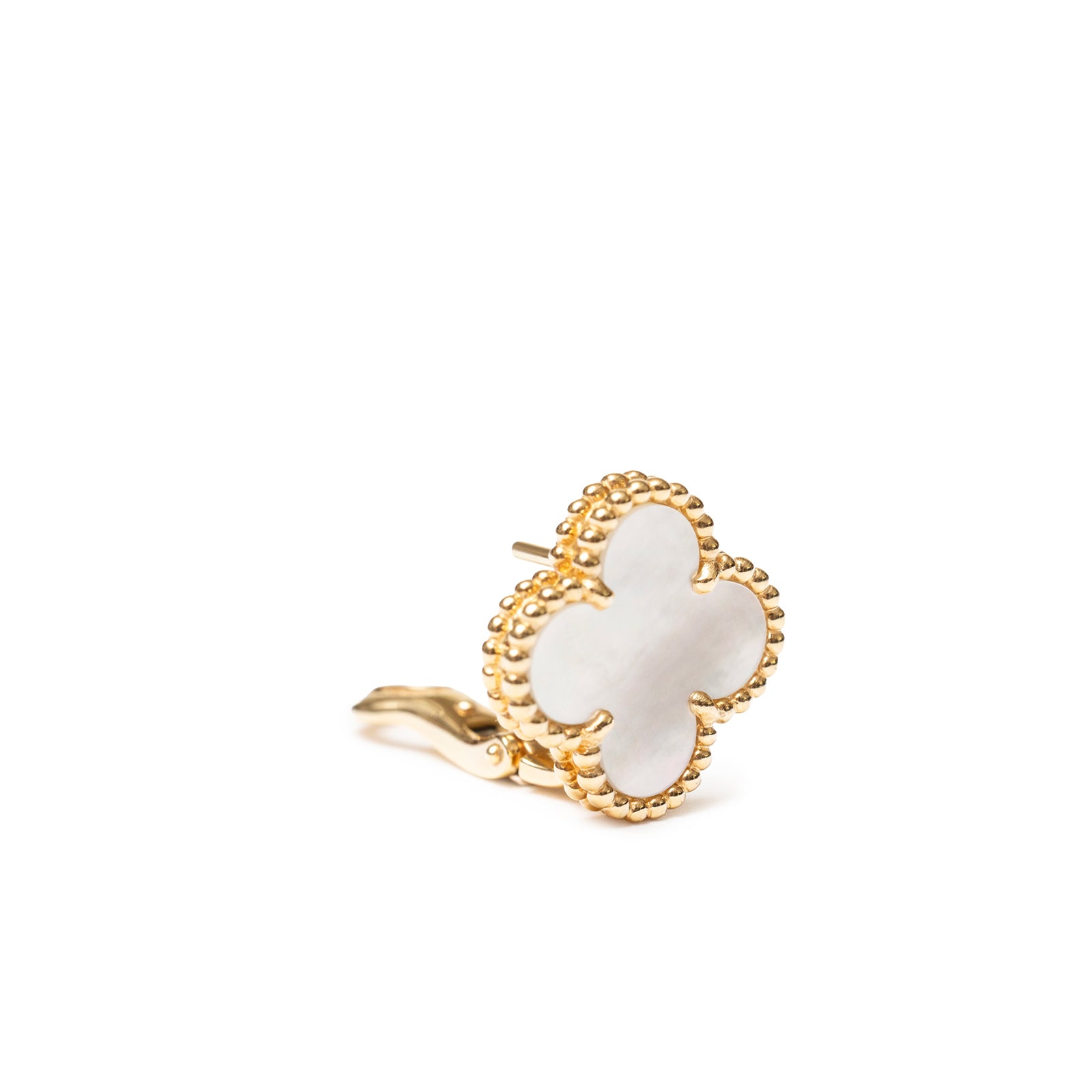 Angled view of Van Cleef & Arpels Vintage Alhambra Earrings 18K Yellow Gold White Mother-of-pearl detail