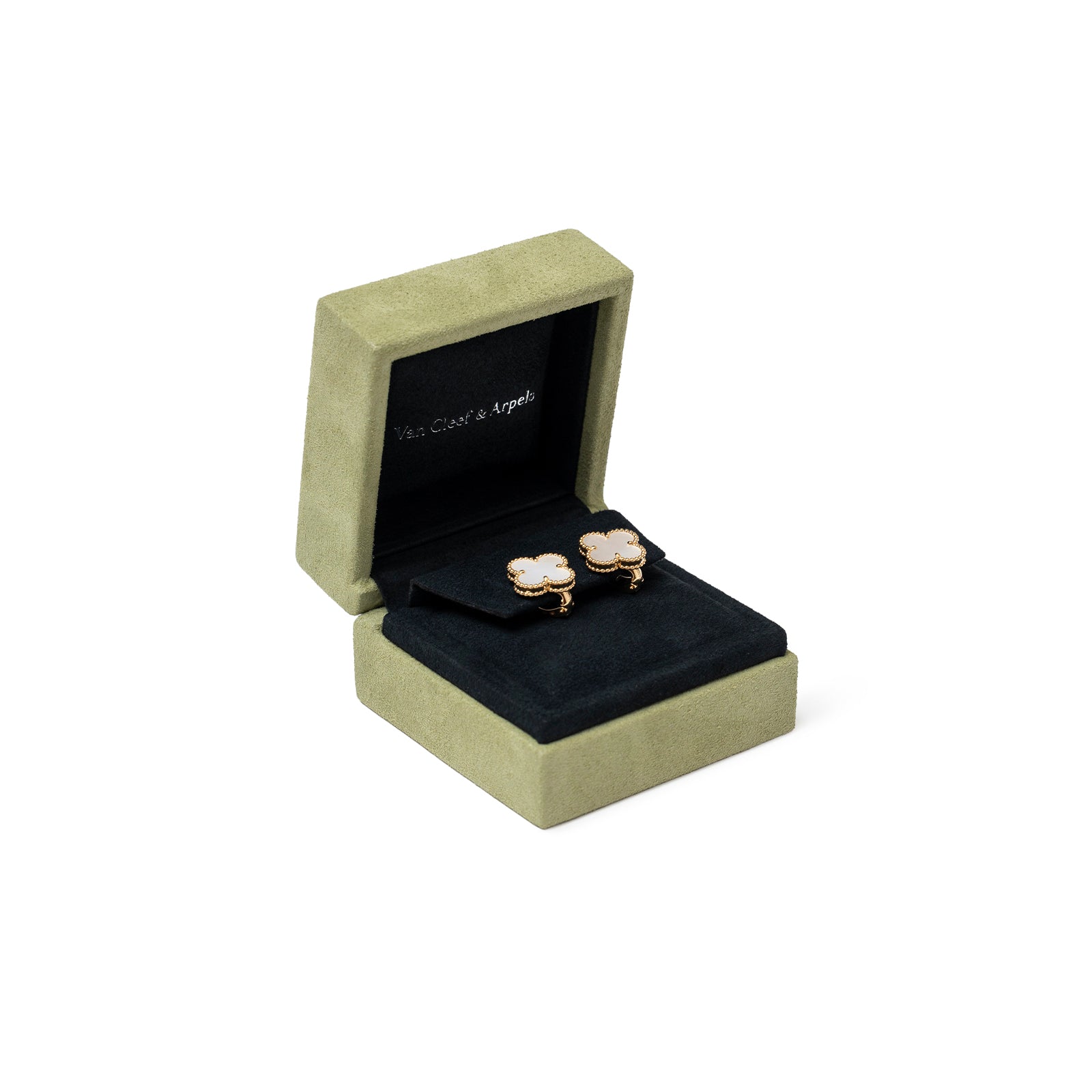 Van Cleef & Arpels Vintage Alhambra Earrings 18K Yellow Gold White Mother-of-pearl displayed in open box front angle view