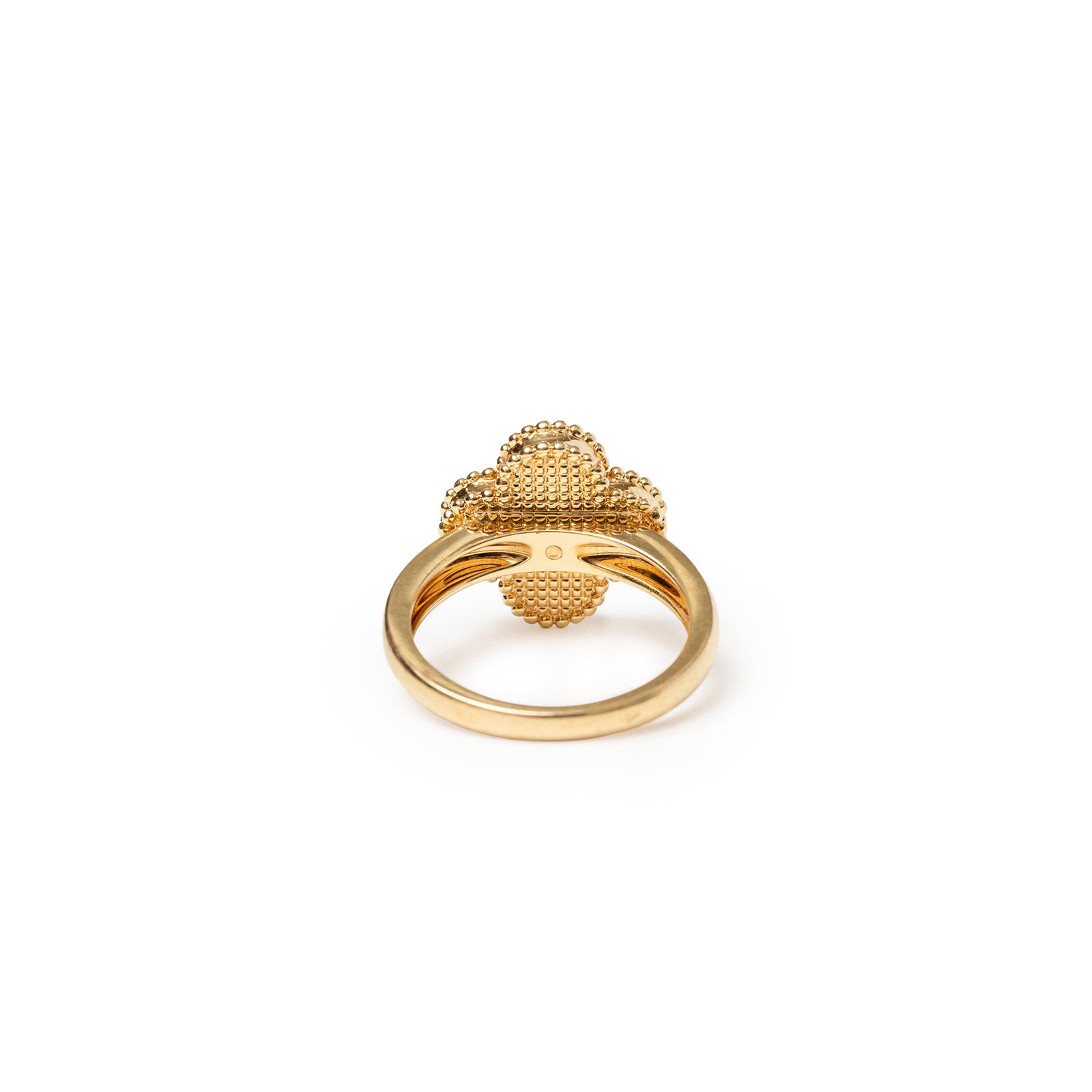 Back view of Van Cleef & Arpels Vintage Alhambra Onyx Diamond Ring showing intricate gold detailing